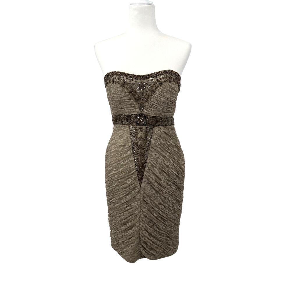 Sue Wong Nocturne Beaded Dress Gown Size 8 Brown Taupe Bronze Y2K Lace Formal